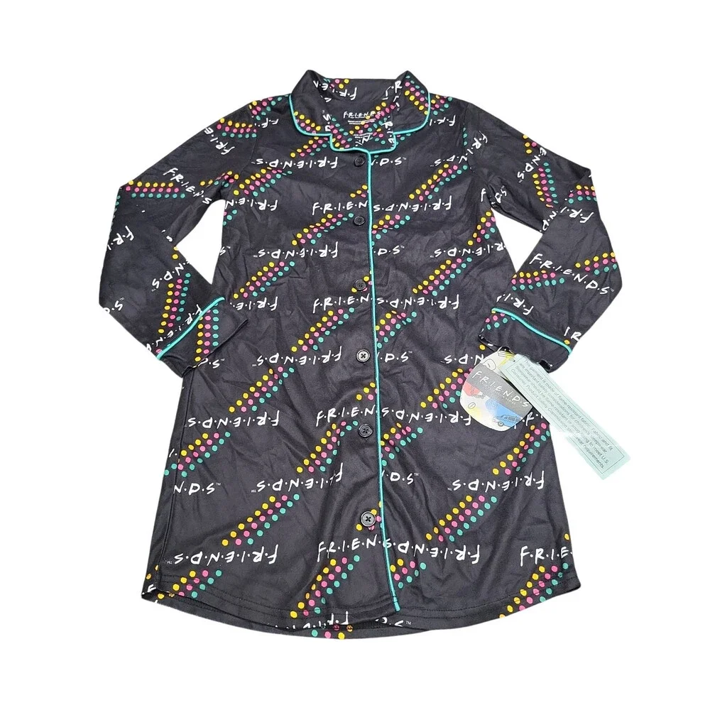 Friends Girl's Oversized Button Logo Nightgown Black Size 8